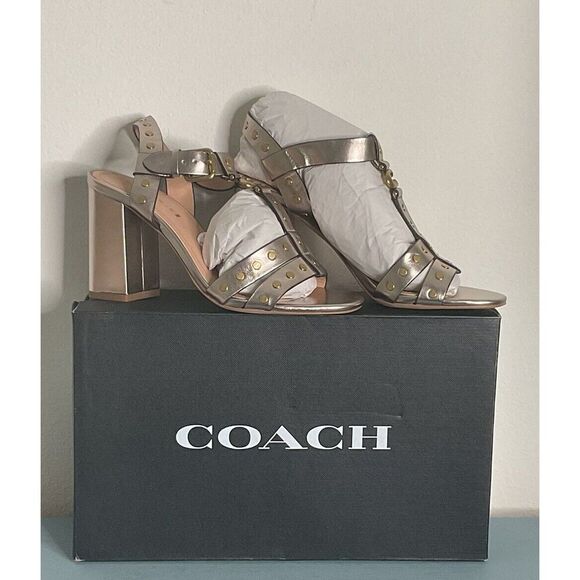 COACH Margaret Leather Strappy Studded Sandal Block Heel Sports Champagne 7 (B) - Picture 1 of 8